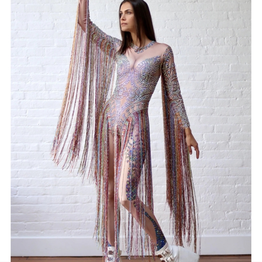 Shimmering Pink Silver Sequin Jumpsuit with Fringe and Plunging Neckline